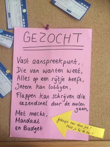 Sleutelfiguren zijn nodig, met budget en mandaat om te beslissen. Maar ook met kennis van de praktijk. Een duizendpoot dus. 